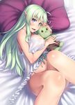  areola_slip areolae babydoll bangs bare_arms bed blush bottomless breasts character_doll doll doll_hug elf green_hair h_kasei hug knees_up large_breasts long_hair looking_at_viewer lying navel ogre on_back on_bed open_mouth original pillow pointy_ears purple_eyes smile solo spaghetti_strap very_long_hair 