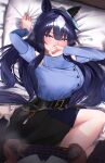  2girls absurdres animal_ears bare_shoulders belt belt_buckle black_belt black_skirt blue_eyes blue_hair blue_shirt blush breasts breath brown_hair buckle chain clothing_cutout commentary_request covering_own_mouth diamond_(shape) ear_covers ear_ornament embarrassed female_pov gentildonna_(umamusume) gold_ring highres horse_ears horse_girl jewelry long_hair looking_at_viewer menchi_rishio mole mole_under_eye multiple_girls necklace nose_blush pillow pillow_grab pov revision shirt shoulder_cutout single_ear_cover skirt thumb_ring umamusume verxina_(casual)_(umamusume) verxina_(umamusume) 