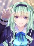  1girl :d aqua_shirt black_hairband blue_pupils blue_ribbon blurry commentary_request depth_of_field eyelashes green_hair hair_between_eyes hairband hand_up heaven_burns_red highres incoming_headpat jacket light_blush light_particles lips long_hair long_sleeves looking_at_viewer mole mole_under_mouth murofushi_risa neck_ribbon open_clothes open_jacket open_mouth purple_eyes purple_jacket reaching reaching_towards_viewer ribbon rin_0101010 shirt sidelocks smile solo twintails upper_body very_long_hair 