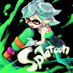  1girl bad_id bad_pixiv_id black_background brown_eyes copyright_name detached_collar domino_mask dress fang gary_galogio gloves green_legwear hair_rings holding hotaru_(splatoon) mask object_on_head open_mouth paint pantyhose pointy_ears short_hair silver_hair solo splat_roller_(splatoon) splatoon_(series) splatoon_1 strapless strapless_dress super_soaker symbol-shaped_pupils white_gloves 