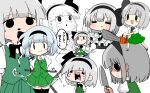 1girl :< @_@ arms_behind_back black_bow black_bowtie black_hairband blush_stickers bow bow_hairband bowtie chainsaw commentary_request crying cup empty_eyes food frilled_skirt frills green_skirt green_vest hairband highres holding holding_chainsaw holding_cup holding_knife knife konpaku_youmu konpaku_youmu_(ghost) kumanou22 looking_at_viewer multiple_girls onigiri open_mouth print_skirt print_vest puffy_short_sleeves puffy_sleeves shirt short_hair short_sleeves simple_background sitting skirt smile touhou vest white_background white_hair white_shirt youmu_day 