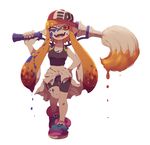  baseball_cap bike_shorts clothes_around_waist crop_top dew-spiegel domino_mask fangs hand_on_hip hat inkbrush_(splatoon) inkling jacket_around_waist mask monster_girl one_eye_closed orange_eyes orange_hair paint_splatter paintbrush pointy_ears shoes smile sneakers splatoon_(series) splatoon_1 tentacle_hair 