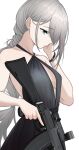  1girl an-94 an-94_(girls'_frontline) an-94_(silent_rouge)_(girls'_frontline) aqua_eyes assault_rifle backless_dress backless_outfit bare_shoulders black_dress closed_mouth collarbone dress earrings evening_gown girls'_frontline gradient_clothes gradient_dress grey_hair gun halter_dress halterneck hand_on_own_face hand_up highres holding holding_gun holding_weapon jewelry long_hair looking_down official_alternate_costume rifle sharp-pig simple_background solo upper_body weapon white_background 