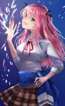  1girl :d \||/ aikawa_megumi black_ribbon blue_background breasts brown_skirt clothes_around_waist collared_shirt commentary_request cowboy_shot dress_shirt electricity electrokinesis eyes_visible_through_hair fang green_eyes green_pupils hair_between_eyes hair_ribbon hand_on_own_hip hand_up heaven_burns_red highres jacket jacket_around_waist large_breasts long_hair long_sleeves looking_at_viewer miniskirt neck_ribbon nose open_mouth pink_hair plaid_clothes plaid_skirt pleated_skirt red_ribbon ribbon rin_0101010 shirt simple_background skirt sleeves_rolled_up smile smug solo straight_hair tsurime two_side_up white_shirt 