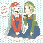  :o aqua_eyes aqua_hair beret blue_overalls blush cosplay dress facial_hair fake_facial_hair fake_mustache green_eyes green_hair green_hat green_shirt grin gumi hat hatsune_miku kana_(okitasougo222) long_hair lowres luigi luigi_(cosplay) mario mario_(cosplay) mario_(series) multiple_girls mushroom mustache no_shoes one_eye_closed overall_skirt overalls pinafore_dress polka_dot polka_dot_background shirt sitting smile socks star super_mario_bros. v very_long_hair vocaloid wariza 