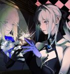  2girls argyle_background black_background black_bow black_choker black_dress black_gloves blonde_hair blue_bow blue_cape blue_eyes bow breasts broken_mirror cape choker cleavage closed_mouth commentary_request criss-cross_straps cropped_torso different_reflection dress elbow_gloves empty_eyes fate/grand_order fate_(series) gloves grey_hair hair_between_eyes hair_bow half-closed_eyes hand_up julhxh large_bow long_hair looking_at_another looking_at_mirror medium_breasts mirror morgan_le_fay_(fate) morgan_le_fay_(first_ascension)_(fate) multiple_girls pale_skin purple_gloves reflection sidelocks sleeveless sleeveless_dress smile solo_focus striped_bow teeth unfinished upper_body 