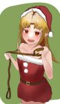  1girl ahoge belt brown_eyes collar commentary_request dress elf hat highres holding holding_collar looking_at_viewer lucy_greyrat medium_hair mushoku_tensei pointy_ears red_eyes santa_costume santa_dress santa_hat solo yamayama_2613 