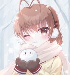 1girl ;) adapted_costume antenna_hair bare_tree blush blush_stickers brown_eyes brown_hair brown_mittens character_snowman clannad closed_mouth commentary_request dango_daikazoku earmuffs eyes_visible_through_hair furukawa_nagisa grey_scarf hair_between_eyes hair_ornament hairclip hands_up highres hikarizaka_private_high_school_uniform holding holding_snowman ichimiya_39 jacket looking_at_viewer medium_hair mittens one_eye_closed outdoors parallel_hairclips scarf school_uniform smile snow snowflakes snowing snowman solo tree upper_body winter yellow_jacket |_| 
