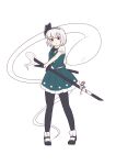  1girl absurdres banfen_mocha_mashu black_bow black_bowtie black_hairband black_pantyhose black_shoes blush bow bowtie closed_mouth collared_shirt commentary frilled_skirt frills full_body green_skirt green_vest grey_hair hairband highres hitodama holding holding_sword holding_weapon konpaku_youmu konpaku_youmu_(ghost) looking_at_viewer mary_janes pantyhose pleated_skirt puffy_short_sleeves puffy_sleeves red_eyes sheath sheathed shirt shoes short_hair short_sleeves simple_background skirt skirt_set socks solo sword sword_on_back touhou vest weapon weapon_on_back white_background white_shirt white_socks 