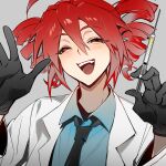  1girl :d black_gloves coat collared_shirt doctor drill_hair fang gloves highres holding holding_syringe igaku_(utau) kasane_teto lab_coat necktie open_clothes open_coat pu_lu_shi red_eyes red_hair shirt simple_background smile syringe twin_drills utau 