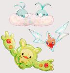  absurdres bird black_eyes blue_eyes closed_eyes closed_mouth full_body highres no_humans open_mouth pokemon pokemon_(creature) reuniclus rotom rotom_(normal) simple_background smile solid_oval_eyes su_(sajo_su5) swablu 