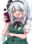  1girl :p black_bow black_bowtie black_hairband blush bottle bow bowtie closed_mouth collared_shirt commentary_request green_skirt green_vest grey_hair hairband highres hitodama hitodama_print holding holding_bottle konpaku_youmu konpaku_youmu_(ghost) long_hair medium_hair open_mouth puffy_short_sleeves puffy_sleeves shirt short_sleeves simple_background siw0n skirt skirt_set smile solo tongue tongue_out touhou vest white_background white_shirt x_x youmu_day 