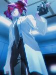  absurdres black_gloves coat collared_shirt commentary_request doctor drill_hair fanquanfufu from_below gloves highres holding holding_syringe igaku_(utau) kasane_teto lab_coat looking_at_viewer necktie open_clothes open_coat red_eyes red_hair shirt syringe twin_drills utau white_coat 