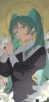  1girl aqua_eyes aqua_hair black_dress brown_background check_flower circle commentary_request dress embroidery flower flower_request from_side guimpe hands_up hatsune_miku highres holding holding_knife juliet_sleeves knife lily_(flower) long_hair long_sleeves own_hands_clasped own_hands_together palette_knife parted_lips puffy_sleeves solo twintails upper_body very_long_hair vocaloid white_flower yukihira_makoto 