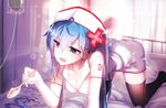  all_fours bai_yemeng bed blue_eyes blue_hair breasts cleavage earrings elbow_gloves gloves hat hatsune_miku jewelry long_hair md5_mismatch medium_breasts nurse nurse_cap open_mouth solo spoon thighhighs twintails vocaloid 