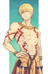  1boy armor blonde_hair commentary_request earrings fate/stay_night fate_(series) gilgamesh_(fate) gold_armor hand_on_own_hip highres jewelry male_focus necklace okonon_(kado_colda) red_eyes short_hair solo tattoo topless_male 