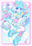  1girl :o animal_ears apron arm_up bandaid bandaid_on_leg bloomers blue_background blue_boots blue_bow blue_bowtie blue_dress blue_eyes blue_hat blush_stickers boots border bow bowtie checkered_background commentary double-parted_bangs dress english_commentary fingerless_gloves food frilled_apron frills full_body gloves green_socks hair_between_eyes hair_ornament hairclip hat highres holding holding_tray ice_cream lace-up_boots looking_at_viewer open_mouth original outside_border pink_background pink_border pochirou_(ponpoc) rabbit_ears roller_skates short_hair short_sleeves skates socks solo striped_background striped_border tray v vertical-striped_background visor_cap waist_apron white_apron white_bloomers white_gloves white_hair x_hair_ornament 
