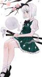  1girl black_bow black_bowtie black_shoes bow bowtie branch cherry_blossoms commentary_request flower from_side green_eyes green_skirt green_vest highres hitodama hitodama_print invisible_chair katana konpaku_youmu konpaku_youmu_(ghost) looking_to_the_side ninein_9 own_hands_together print_skirt print_vest puffy_short_sleeves puffy_sleeves sheath sheathed shirt shoes short_hair short_sleeves sitting skirt socks solo sword touhou vest weapon white_hair white_shirt white_socks youmu_day 