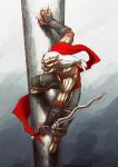 1boy barefoot black_pants bracer brown_gloves cape claws colored_pencil_(medium) commentary english_commentary gloves gradient_background grey_background highres holding holding_sword holding_weapon kain_(legacy_of_kain) legacy_of_kain long_hair male_focus pants pillar red_cape soul_reaver_(sword) sword tenskies topless_male traditional_media vampire weapon white_background white_hair yellow_eyes 