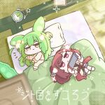  2girls :3 :o alarm_clock animal_ears blanket blurry blurry_foreground blush brown_hair chibi chibi_only clock closed_mouth commentary double-parted_bangs edamame full_body futon green_hair hair_down handheld_game_console highres holding holding_handheld_game_console japanese_clothes jito410 jitome kimono long_hair long_sleeves lying multiple_girls nintendo_switch obi on_back on_bed on_side open_mouth pajamas pillow purple_skirt red_eyes red_sash sash short_hair skirt socks sparkle thick_eyebrows touhoku_kiritan translation_request untranslatable_commentary voiceroid voicevox white_kimono white_socks yellow_pajamas zundamon 