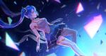  1girl absurdres blue_eyes blue_hair blue_skirt breasts cleavage collarbone commentary english_commentary gloves gold_trim hatsune_miku highres long_hair medium_breasts porukana shirt skirt sleeveless sleeveless_shirt solo thighhighs twintails very_long_hair vocaloid white_gloves white_thighhighs 