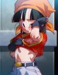  1girl armpits bandana belt black_eyes black_hair blush breasts clothes_pull crop_top denim dragon_ball dragon_ball_gt dripping fingerless_gloves flat_chest gloves jeans looking_at_viewer midriff navel nipples one_breast_out orange_bandana pan_(dragon_ball) pants presenting_breasts pulling_own_clothes red_shirt rom_(20) saiyan shirt shirt_pull short_hair smile sweat 