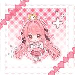  1girl :3 :o absurdly_long_hair ahoge animal animal_ears animal_on_head bare_shoulders belt black_belt black_bow black_ribbon border bow bow_choker bowtie bra_strap brown_eyes cat cat_ears cat_on_head cat_tail chibi chinese_commentary choker closed_mouth clothed_animal commentary_request curious drawn_ears drawn_tail drawn_whiskers ear_covers eyelashes frilled_shirt frilled_skirt frilled_sleeves frills gradient_background hair_bow hair_intakes hair_ribbon halftone happy heart heart_background hood hood_up infinity_nikki kneehighs layered_skirt light_blush long_hair long_sidelocks long_sleeves looking_ahead low_twintails mary_janes medium_skirt momo_(nikki) nikki_(nikki) nikki_(series) off-shoulder_shirt off_shoulder on_head open_mouth outline perfect_start_(infinity_nikki) picture_frame pink_background pink_bow pink_bowtie pink_choker pink_hair pink_shoes pink_skirt plaid_bow print_skirt puffy_long_sleeves puffy_sleeves ribbon ribbon-trimmed_shirt ribbon_print ribbon_trim shirt shoes sidelocks single_stripe skirt sleeves_past_wrists snowflake_print socks solid_oval_eyes sparkle striped_bow striped_bowtie striped_choker striped_clothes tail tareme tress_ribbon twintails two-tone_background variant_set very_long_hair wavy_hair whiskers white_background white_border white_cat white_outline white_shirt white_skirt white_socks yellow_hood yitiaoanjingderyu 