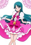  bakusai bare_legs blue_eyes blue_hair bow braid cosplay crown_braid cure_flora cure_flora_(cosplay) gloves go!_princess_precure kaidou_minami long_hair pink_bow pink_skirt precure puffy_sleeves skirt skirt_lift smile solo white_background white_gloves 