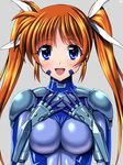  :d armor bangs blush bodysuit breasts cosplay facial_mark gauntlets grey_background hair_ribbon hands_on_own_chest long_hair looking_at_viewer lyrical_nanoha mahou_shoujo_lyrical_nanoha mahou_shoujo_lyrical_nanoha_strikers medium_breasts numbers'_uniform open_mouth parted_bangs pauldrons purple_eyes red_hair ribbon sen_(sansui) sidelocks signature simple_background skin_tight smile solo takamachi_nanoha twintails upper_body 