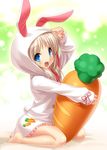  :d animal_costume animal_ears animal_hood arm_up barefoot blonde_hair blue_eyes blush bunny_costume bunny_ears carrot carrot_print dress fang food_print frills full_body hat hood little_busters! long_hair noumi_kudryavka open_mouth ribbon sitting sleeves_past_wrists smile solo zen 