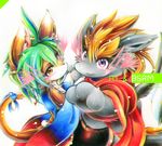  black_fur cat comic doujinshi dragon feline fur green_hair hair kemono mammal mash_(artist) orange_eyes orange_fur purple_eyes yellow_fur 