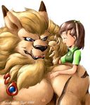 anthro blue_eyes collar couple cute digimon eyes_closed fangs feline female happy jeri_katou karabiner leomon lion mammal muscles open_mouth pecs protector puppet size_difference smile 