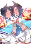  2girls absurdres air_groove_(umamusume) animal_ears belt black_hair blue_eyes blue_jacket blush breast_press breasts brown_hair commentary_request confetti cosplay ear_piercing fuji_kiseki_(umamusume) green_eyes highres holding holding_pom_poms horse_ears horse_girl horse_tail jacket layered_skirt looking_at_viewer medium_breasts midriff multiple_girls navel nice_nature_(run&amp;win)_(umamusume) nice_nature_(umamusume) nice_nature_(umamusume)_(cosplay) one_eye_closed open_clothes open_jacket open_mouth piercing pom_pom_(cheerleading) sailor_collar shirt short_hair simple_background skirt small_breasts smile sweatdrop symmetrical_docking tail teeth umamusume white_background white_shirt white_skirt zhu_(nitamagr) 