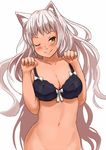  ;) animal_ears bad_id bad_pixiv_id bare_shoulders black_bra black_hanekawa blonde_hair blush bottomless bra cat_ears closed_mouth hanekawa_tsubasa long_hair looking_at_viewer monogatari_(series) navel no_panties one_eye_closed out-of-frame_censoring paw_pose satsuki_neko simple_background slit_pupils smile solo underwear underwear_only upper_body white_background white_hair 