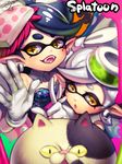  2girls :d :o animal aori_(splatoon) bare_shoulders black_hair breasts cat chestnut_mouth cleavage cousins detached_collar domino_mask dress earrings fangs food food_on_head gloves hair_rings hotaru_(splatoon) jajji-kun_(splatoon) jewelry long_hair mask mole mole_under_eye multiple_girls n_kamui object_on_head open_mouth pointy_ears short_hair silver_hair small_breasts smile splatoon_(series) splatoon_1 strapless strapless_dress sushi symbol-shaped_pupils white_gloves yellow_eyes 