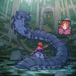  1girl arch bell black_eyes blue_dress braid brown_gloves bug capelet centipede dress forest gloves highres holding holding_staff looking_at_another monster multiple_views nature open_mouth original outdoors oversized_bug pink_capelet pouch red_hair staff standing tree underpalewater water wide_shot 