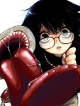  1girl black_hair commentary_request expressionless glasses green_eyes hunter_x_hunter jewelry living_weapon looking_at_viewer loose_hair_strand mekotiko necklace parted_lips saliva saliva_trail sanpaku sharp_teeth shizuku_murasaki short_hair simple_background solo teeth tongue tongue_out upper_body vacuum_cleaner white_background wide-eyed 