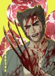  1boy animification arm_hair blood blood_in_hair blood_on_arm blood_on_chest blood_on_clothes blood_on_face blood_on_hands blood_on_weapon brown_eyes brown_facial_hair brown_hair character_name chest_hair claw_(weapon) clenched_hand collarbone commentary facial_hair green_jacket highres jacket leonesboss licking_lips looking_down male_focus marvel mature_male muscular muscular_male mutton_chops raw_meat shirt short_hair solo teeth tongue tongue_out untranslatable_commentary upper_body weapon white_shirt wolverine_(x-men) x-men yellow_background 