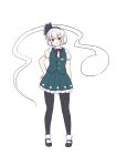  1girl absurdres banfen_mocha_mashu black_bow black_bowtie black_hairband black_pantyhose black_shoes bow bowtie collared_shirt commentary frilled_skirt frills full_body green_skirt green_vest grey_hair hairband hand_on_own_hip highres hitodama konpaku_youmu konpaku_youmu_(ghost) looking_at_viewer mary_janes pantyhose pleated_skirt puffy_short_sleeves puffy_sleeves red_eyes shirt shoes short_hair short_sleeves simple_background skirt skirt_set socks solo touhou vest white_background white_shirt white_socks 