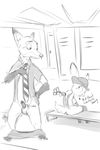  anthro balls canine cellphone clothing dialogue disney english_text female fox front_view headgear imminent_sex judy_hopps lagomorph locker_room looking_back male mammal monochrome necktie nick_wilde pants pants_down penis phone rabbit rear_view sheath shirt sitting tapering_penis text torinsangel zootopia 