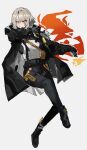  1girl absurdres annoyed belt black_boots black_jacket black_pants blonde_hair boots breasts bulletproof_vest covered_navel dagger explosive fire full_body girls'_frontline girls'_frontline_2:_exilium grenade grey_hair harness highres holding holding_grenade holster hood hooded_jacket incendiary_grenade jacket knife looking_at_viewer medium_breasts odmised open_clothes open_jacket pants sheath short_hair simple_background solo stun_grenade teeth thermite_grenade throwing vector_(girls'_frontline) vector_(girls'_frontline_2) vest weapon white_background white_vest yellow_eyes 