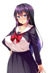  1girl ayazaki_shizuku black_hair black_skirt blue_eyes blush bow bowtie breasts collarbone cowboy_shot empty_eyes game_cg gradient_hair hair_between_eyes hair_ornament hairclip hand_on_own_hip huge_breasts hypnosis large_breasts large_variant_set long_hair long_sleeves looking_at_viewer mind_control multicolored_hair non-web_source nose_blush official_art open_mouth parted_lips pleated_skirt purple_hair red_bow red_bowtie satou_kuuki school_uniform self-datamine serafuku shirt simple_background skirt solo soukou_seiki_ysphere tachi-e tented_shirt transparent_background variant_set white_background 