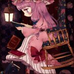  1girl artist_request blush book chair dress dress_ribbon flower frilled_dress frilled_sleeves frills hat holding holding_book lantern long_dress long_hair long_sleeves mob_cap patchouli_knowledge purple_hair reading sitting third-party_source touhou two-tone_dress wooden_chair 