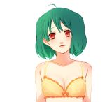  ahoge bow bow_bra bra breasts chiyomaru_(yumichiyo0606) cleavage collarbone frilled_bra frills green_hair highres looking_at_viewer macross macross_frontier orange_bow parted_lips ranka_lee red_eyes short_hair simple_background sketch small_breasts solo underwear underwear_only upper_body white_background yellow_bra 