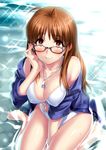  adjusting_eyewear akizuki_ritsuko antenna_hair bangs barefoot between_legs bikini bikini_under_clothes breasts brown_eyes brown_hair cleavage from_above front-tie_bikini front-tie_top glasses hand_between_legs highres idolmaster idolmaster_(classic) jewelry large_breasts long_hair looking_at_viewer looking_up necklace open_clothes open_shirt partially_submerged pendant purple_shirt shirt sitting smile solo swimsuit swimsuit_under_clothes unbuttoned wariza wet wet_clothes white_bikini zen 