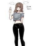  1girl ;d black_pants brown_eyes brown_hair character_request collarbone commentary_request crop_top dinoyhs feet_out_of_frame grey_shirt hand_up highres korean_commentary korean_text long_hair midriff navel one_eye_closed pants shirt short_sleeves simple_background smile solo standing today's_han_yoil_is_a_woman translation_request white_background 