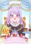  1girl animal_ears aqua_bow birthday_cake black_jacket blush bow bowtie cake chair coat commentary_request cupcake drooling ear_bow ear_ribbon food frilled_coat frilled_jacket frills fruit hands_on_own_cheeks hands_on_own_face happy_birthday highres horse_ears horse_girl jacket long_hair long_sleeves looking_at_viewer mejiro_mcqueen_(frontline_elegance)_(umamusume) mejiro_mcqueen_(umamusume) nekoyanagi_reo on_chair open_mouth parfait purple_eyes purple_hair ribbon saliva sitting smile solo strawberry tiered_tray umamusume 
