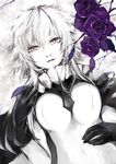  atoshi black_gloves bodysuit breasts cape covered_navel flower gloves grey_eyes kantai_collection medium_breasts petals purple_flower purple_rose rose shinkaisei-kan silver_hair solo wo-class_aircraft_carrier 