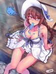  artist_name bare_arms bare_legs bare_shoulders barefoot blue_eyes braid breasts brown_hair cleavage collarbone downblouse dress dripping food food_in_mouth from_above hat jjune large_breasts long_hair looking_at_viewer mouth_hold no_bra open_door original popsicle sitting sleeveless sleeveless_dress solo spilling squiggle sundress sweat tatami twin_braids veranda very_long_hair white_dress 