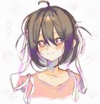  1girl ahoge blush bob_cut bright_pupils brown_hair closed_mouth collarbone commentary cropped_shoulders double-parted_bangs eyes_visible_through_hair film_grain flower-shaped_pupils hair_between_eyes hair_ribbon looking_at_viewer mulltillnull orange_shirt original pink_eyes ribbon shirt short_hair side_ahoge sidelocks simple_background smile solo symbol-shaped_pupils tareme two_side_up white_background white_pupils white_ribbon 